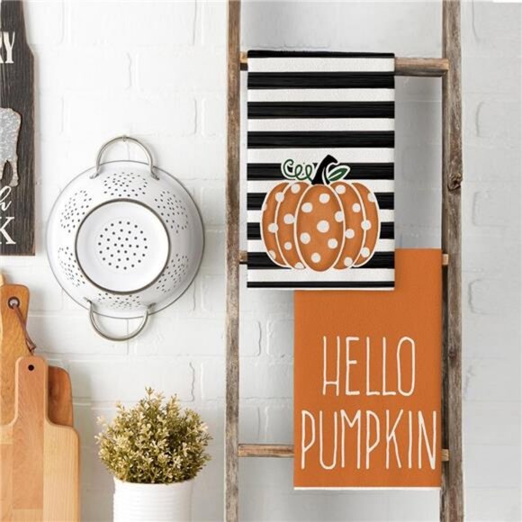 Orange Polka Dot Stripes Hello Pumpkin Fall Kitchen Towels Dish - Picture 4 of 7